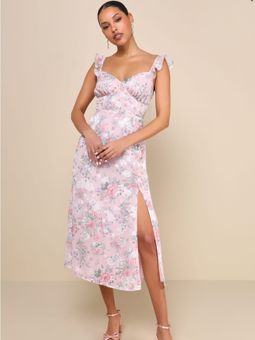 Lulu's Delightful Direction Blush Floral Ruffled Tie-Strap Midi Dress